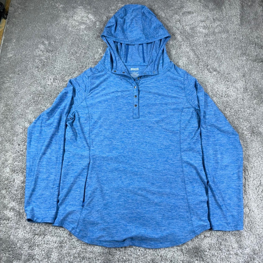 Duluth Trading Hooded Henley Pullover Womens L Blue Heathered Snap Neck